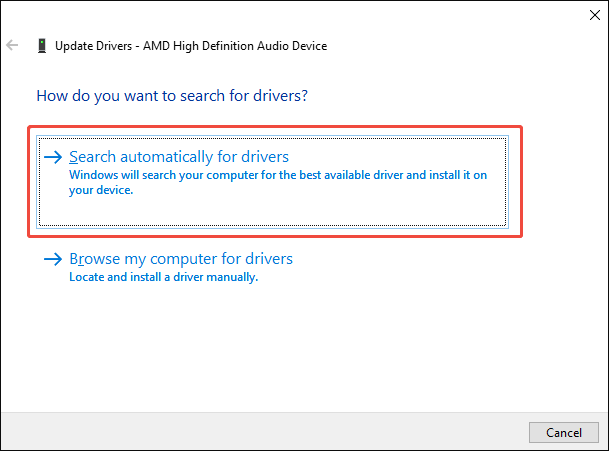 Windows Update Drivers window with the Search automatically for drivers option selected.