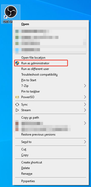 OBS Studio shortcut option menu with the Run as administrator option selected.