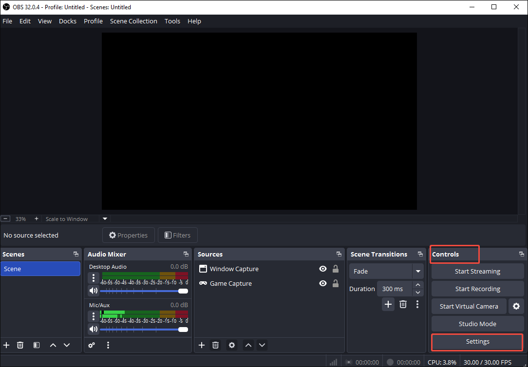 OBS Studio interface with the Settings option selected under the Controls section.