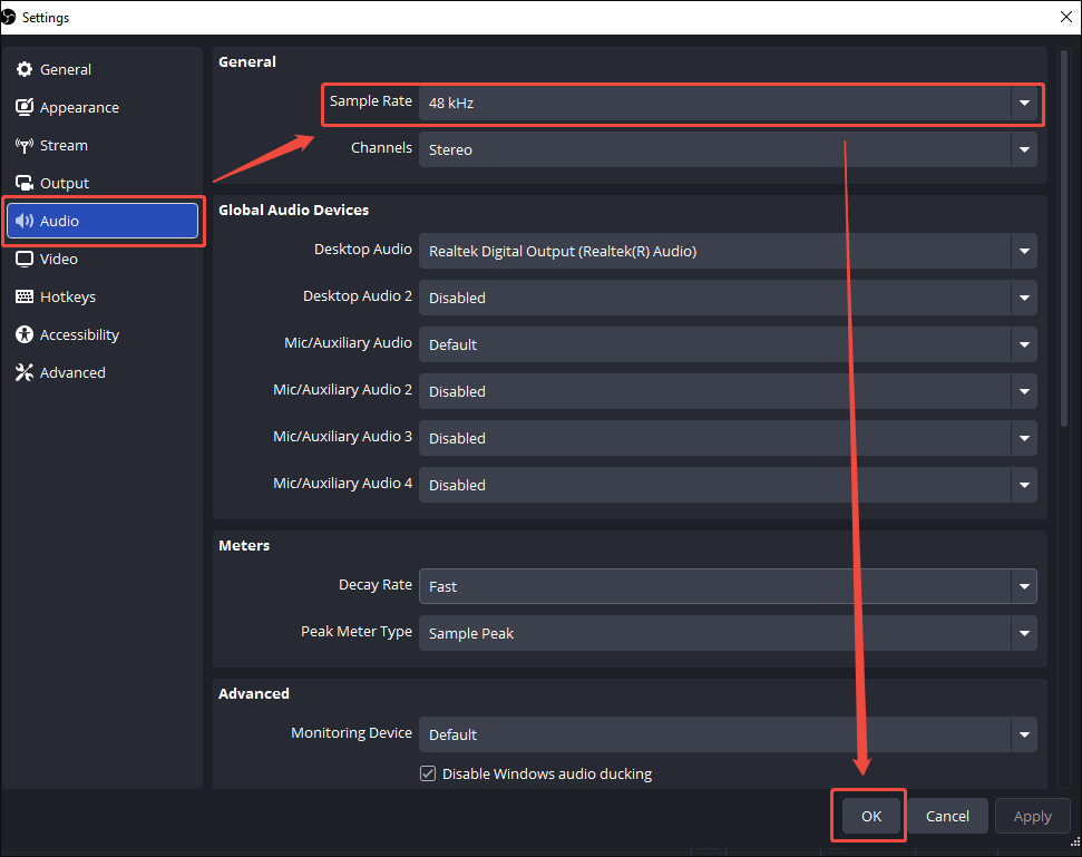 OBS Studio Settings with the Sample Rate option expanded and the 48 kHz selected.