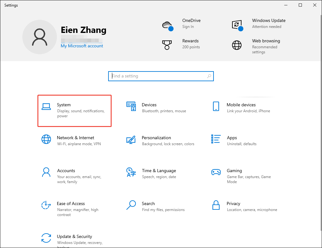 Windows Settings interface with the System option selected.