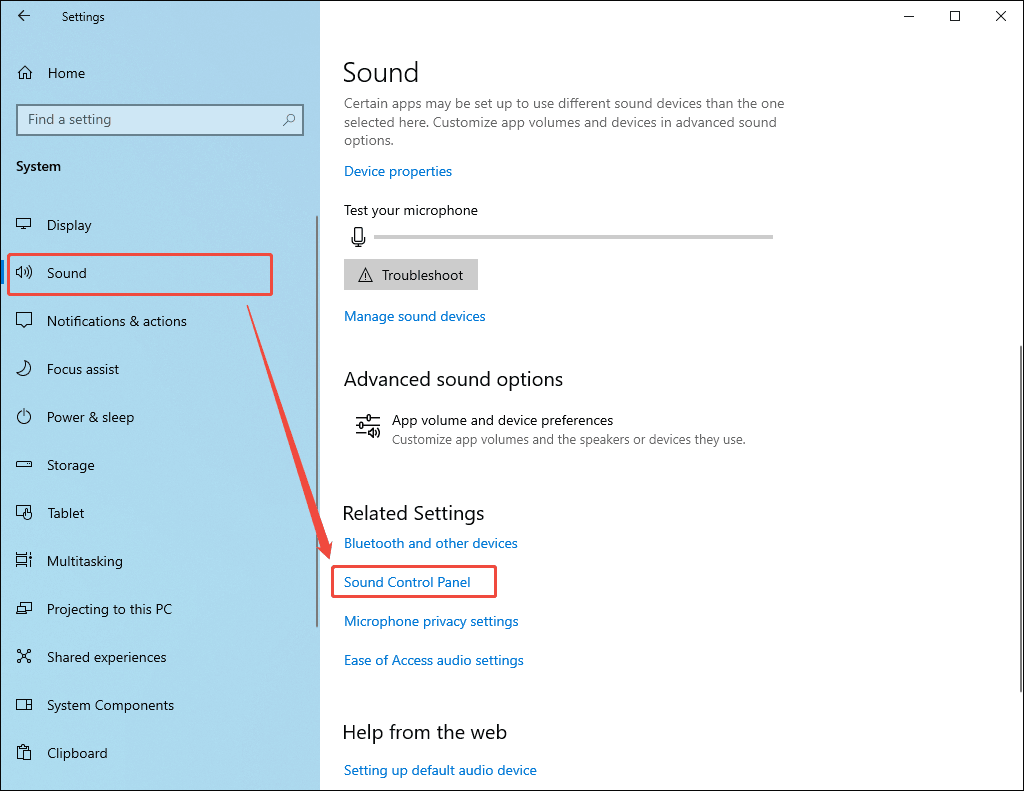 Windows Settings interface with the Sound Control Panel option selected under the Sound tab.