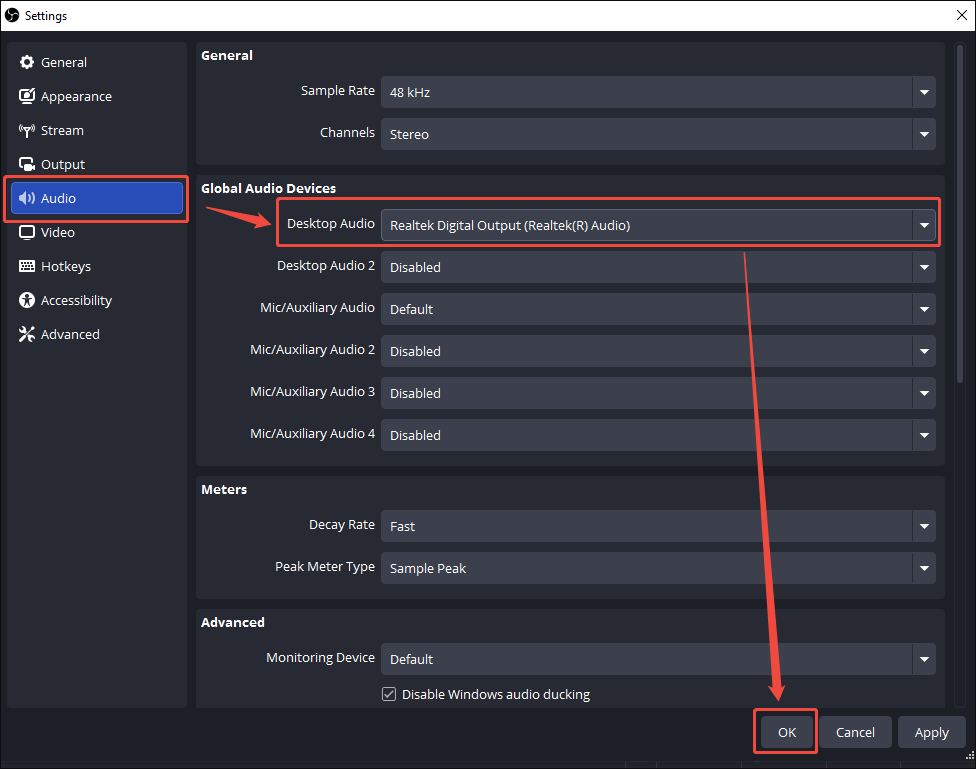 OBS Studio Settings interface with the Desktop Audio settings configured and OK button selected.