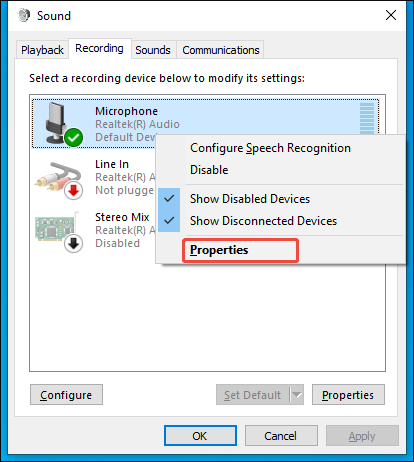 Windows Sound window with the Properties option selected under the Recording section.