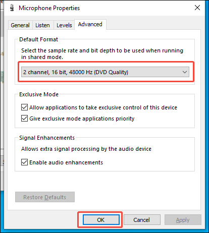 The Properties window with the 48 kHz configured under the Default Format section and the OK button selected.