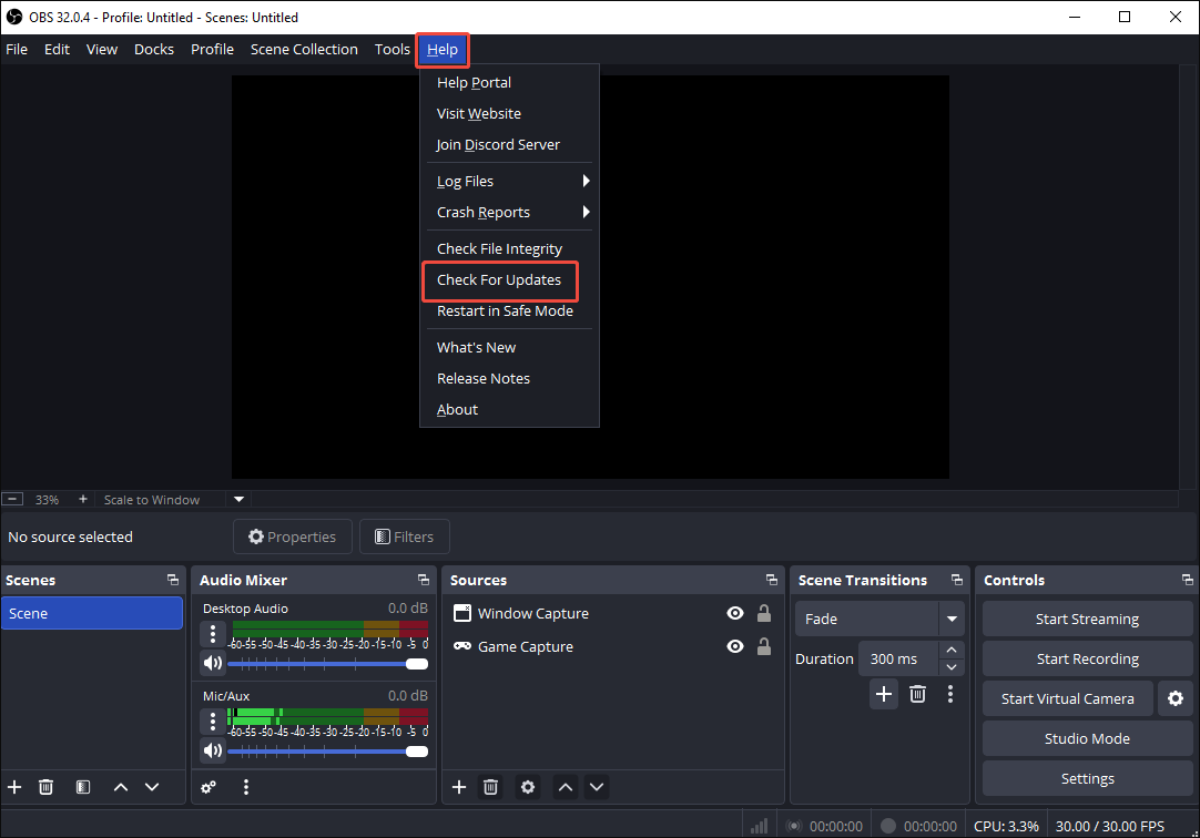 OBS Studio interface with the Help option expanded and Check For Updates option selected.