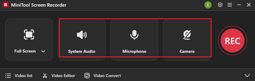 MiniTool Screen Recorder interface with the System Audio icon, Microphone icon, and Camera icon selected.