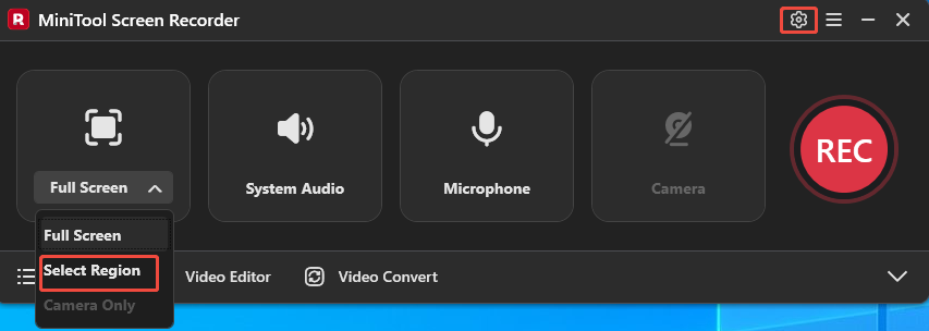 MiniTool Screen Recorder interface with the Select region option selected.