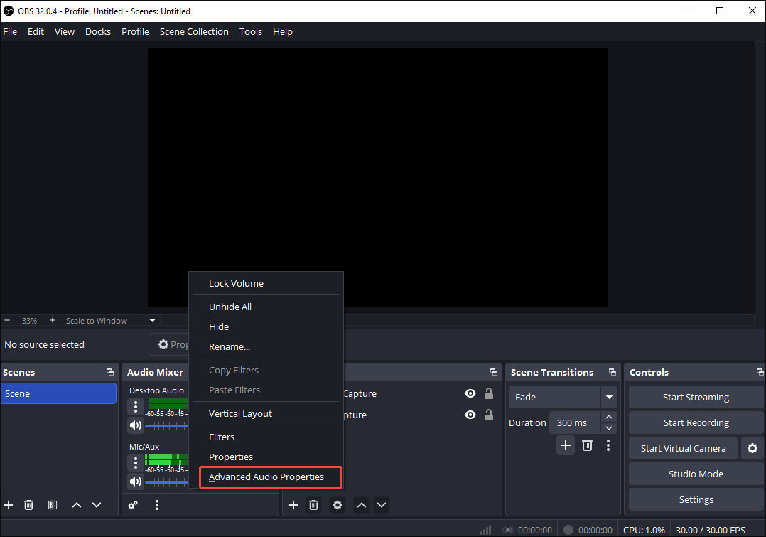 OBS Studio interface with the Advanced Audio Properties option selected under the Audio Mixer section.