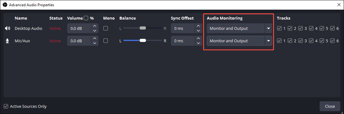 OBS Advanced Audio Properties window with the Monitor and Output option selected.