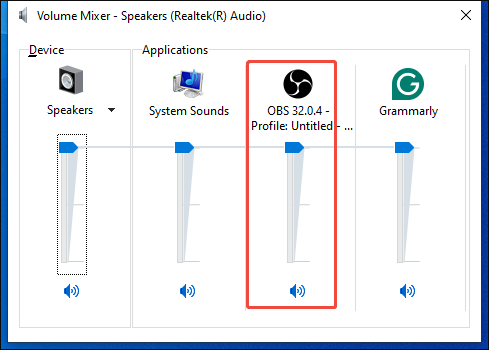 Volume Mixer panel with the OBS Studio volume slider selected.