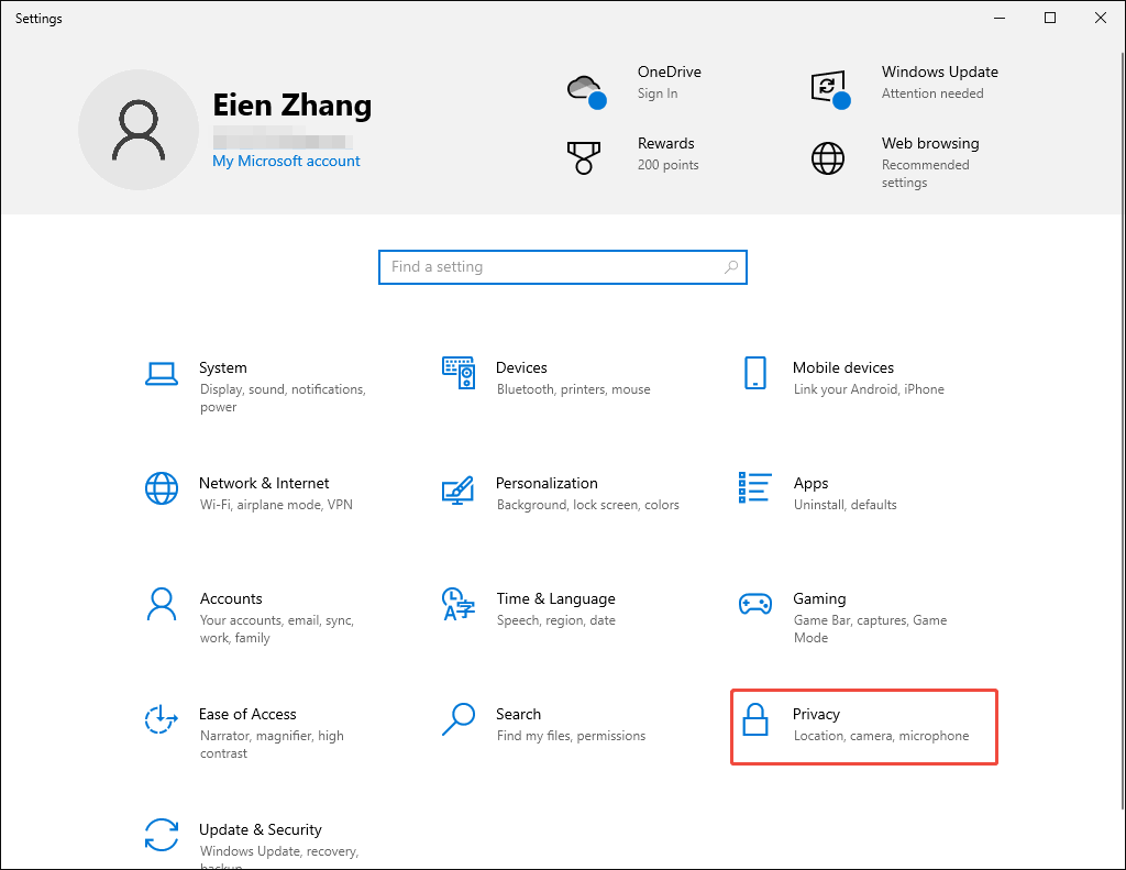 Windows Settings interface with the Privacy option selected.