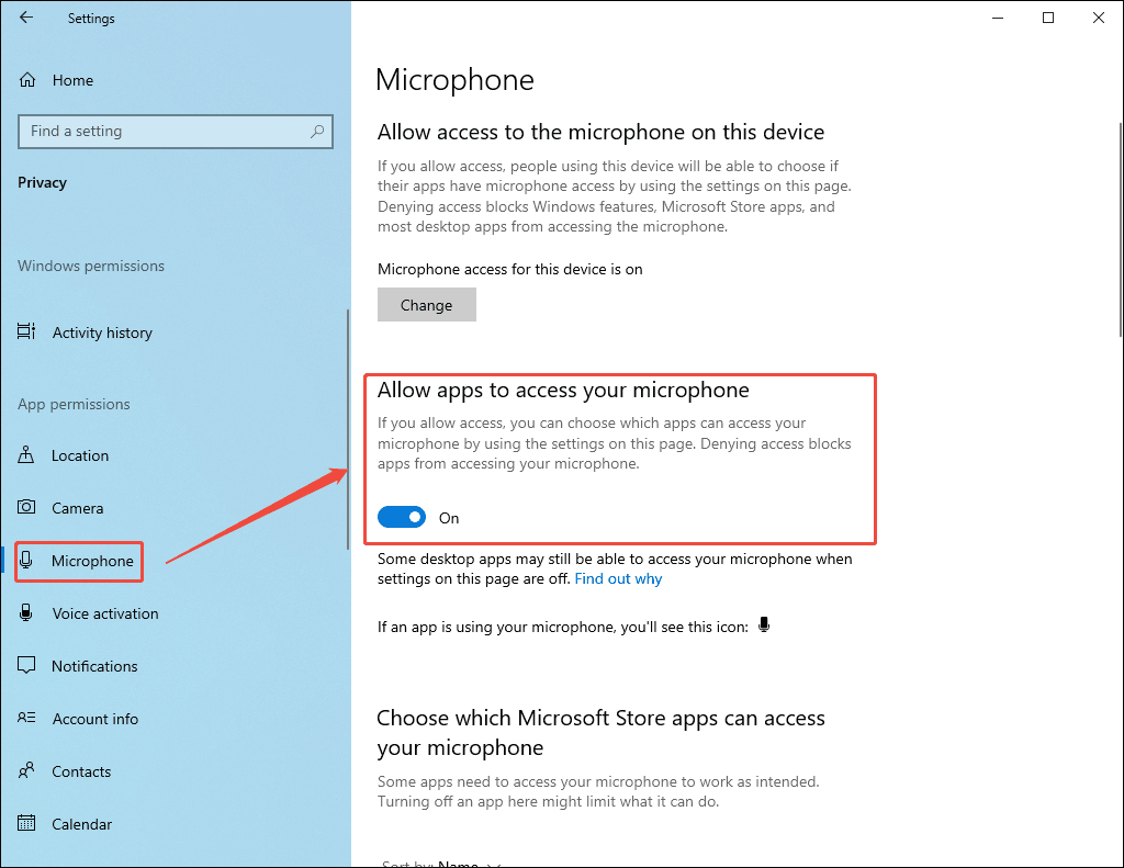 Windows Settings interface with the microphone permission enabled.