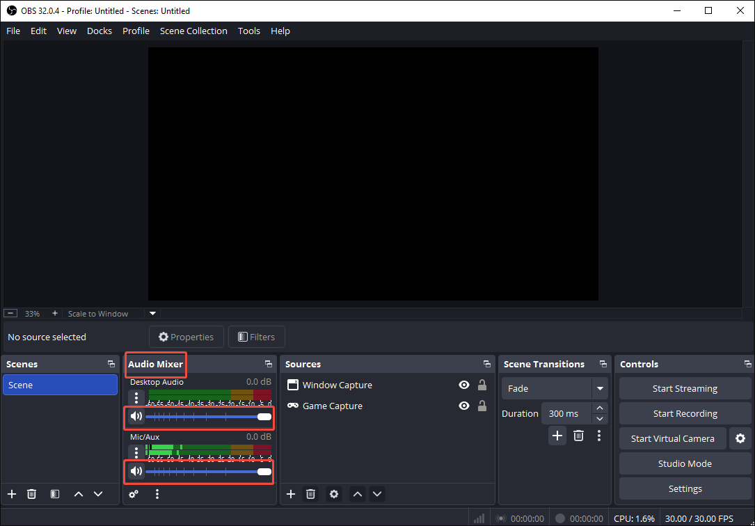 OBS Studio interface with the volume slider checked under the Audio Mixer section.