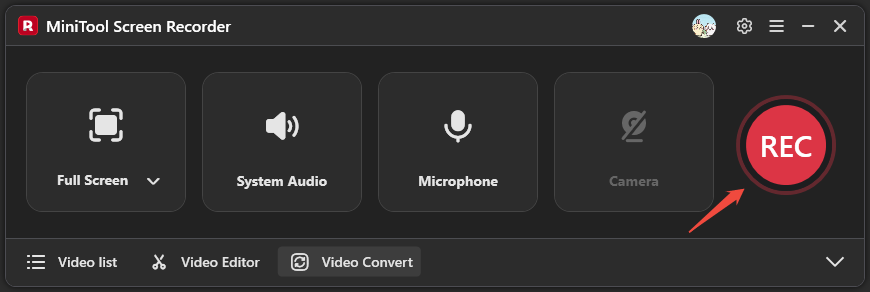 MiniTool Screen Recorder interface with the REC button pointed by an arrow.