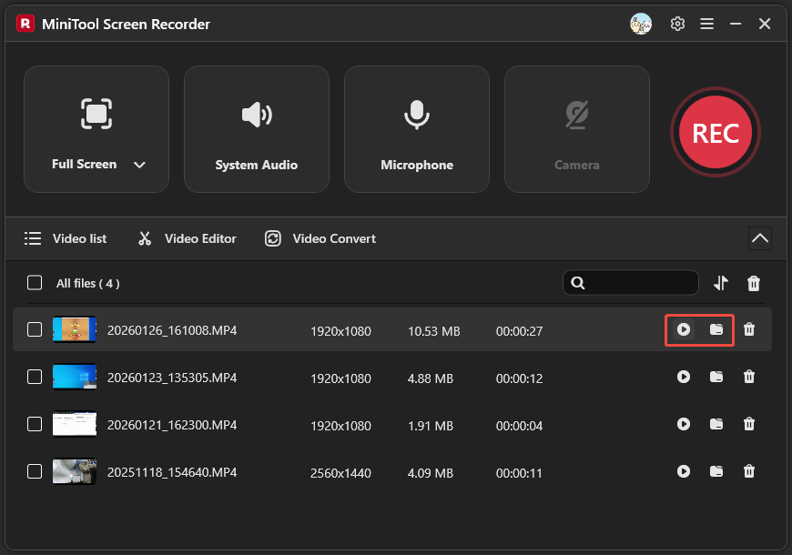 MiniTool Screen Recorder Video list with the play icon and the folder icon selected.