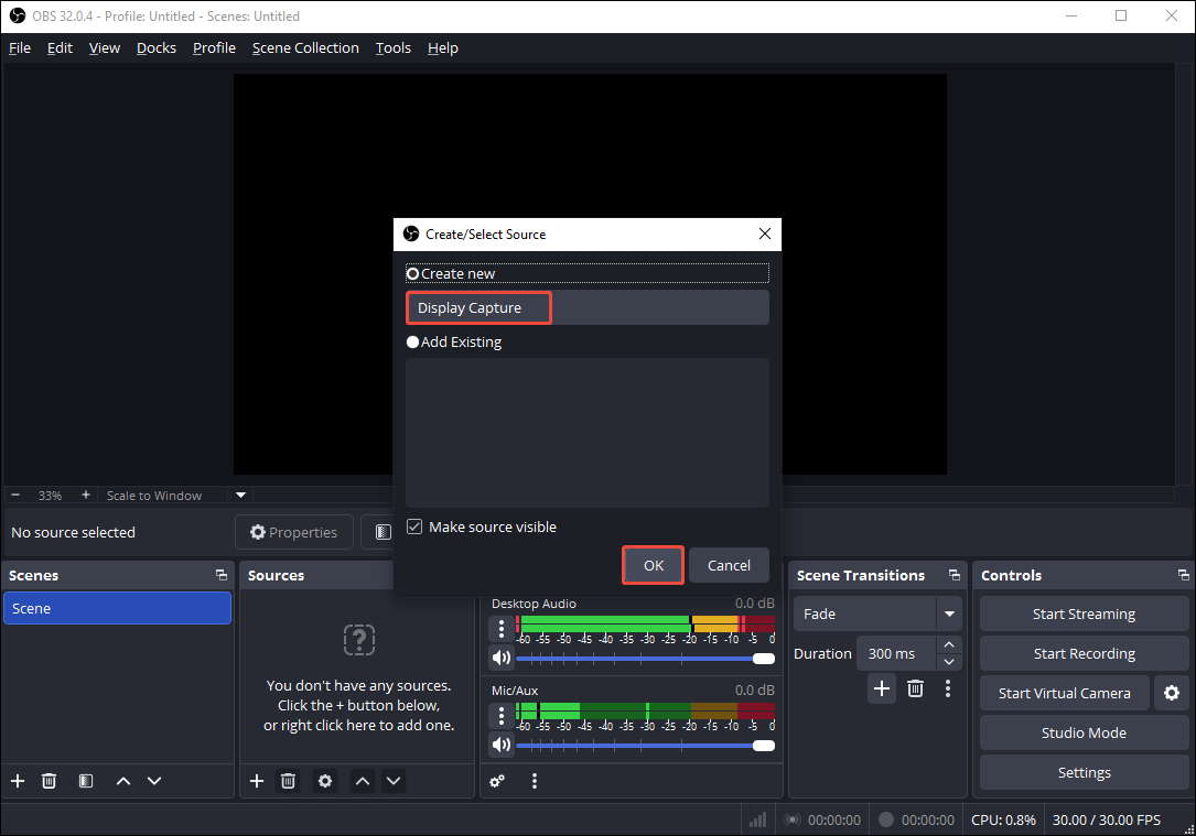 OBS Studio Create or Select Source window showing how to create a new source.