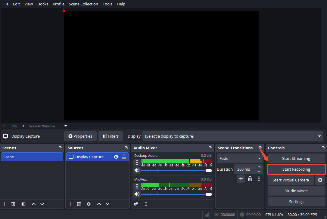 OBS Studio interface with the Start Recording option selected.