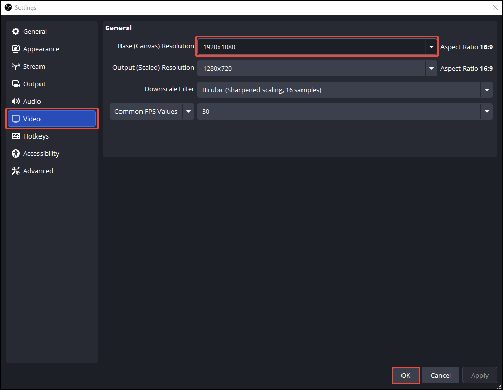 OBS Studio Settings window with the Video tab and Base Canvas Resolution option selected.