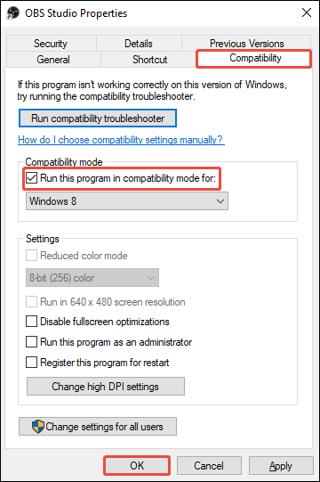 OBS Studio Properties window showing how to run it in compatibility mode.