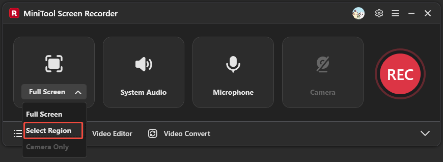 MiniTool Screen Recorder interface with the Select Region option selected.