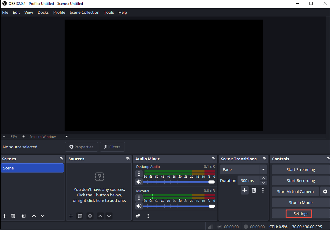 OBS interface with the Settings option at bottom right selected.
