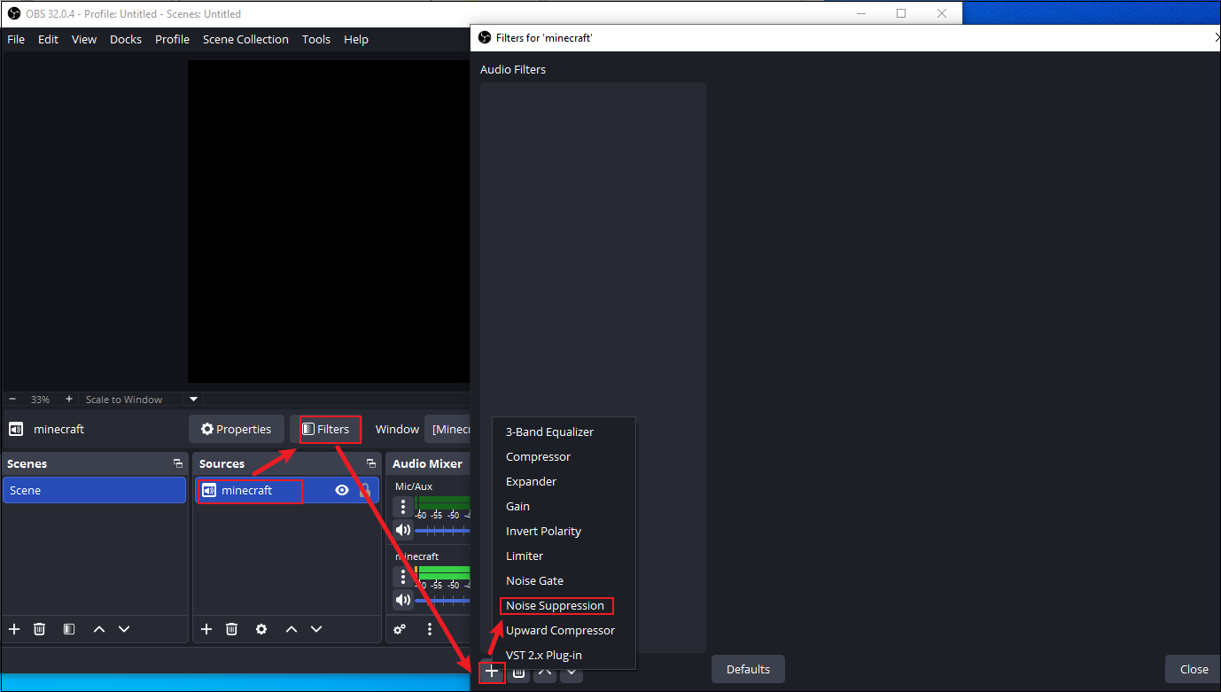 OBS interface showing how to add noise suppression.