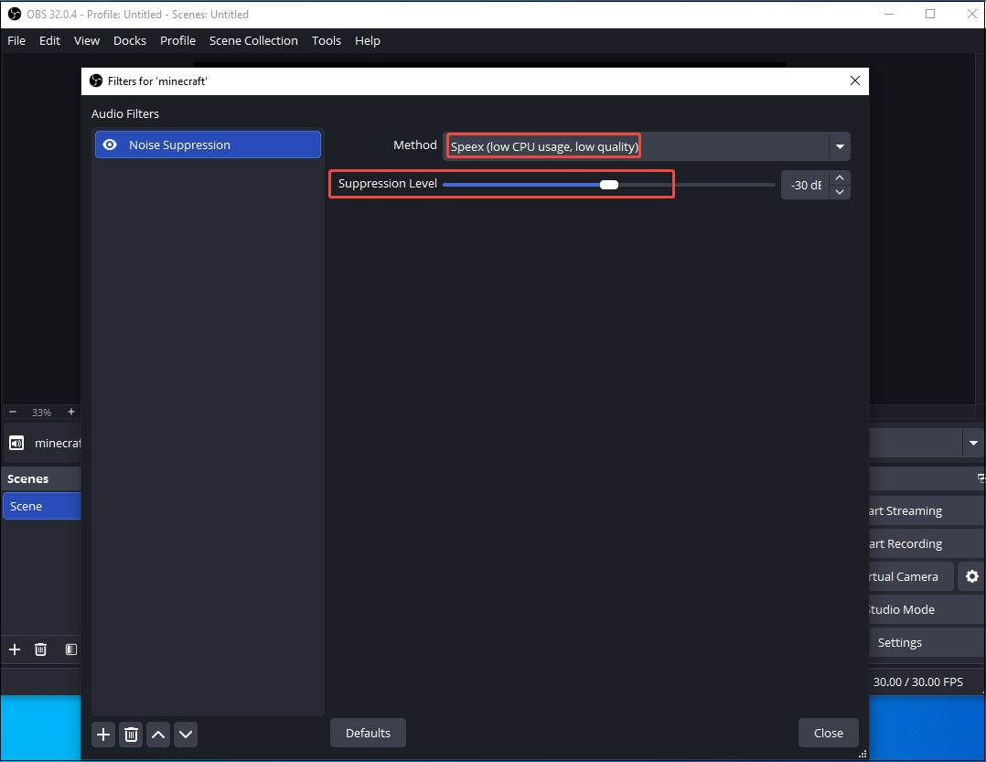 Filter interface of OBS showing how to choose a noise suppression method and level.
