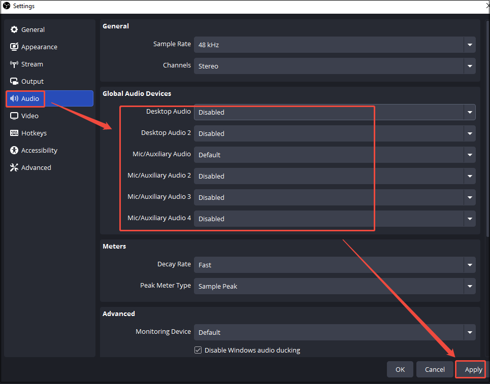OBS interface showing how to disable global audio devices.