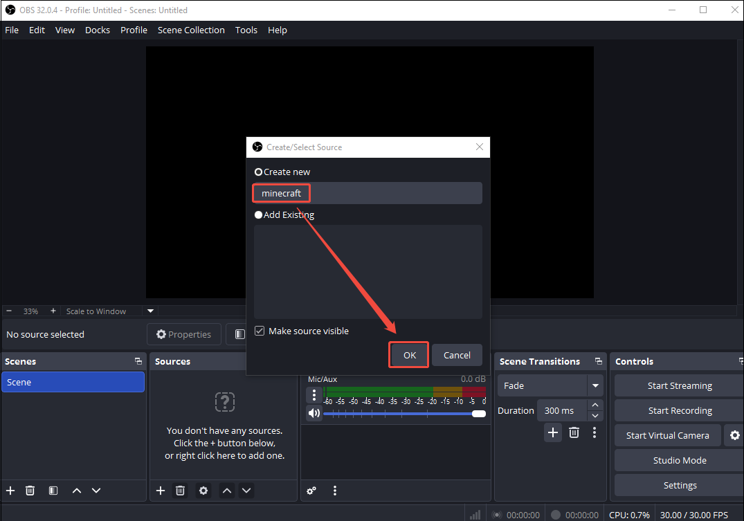 OBS interface showing how to rename the new source under the Create/Select Source pop-up window.