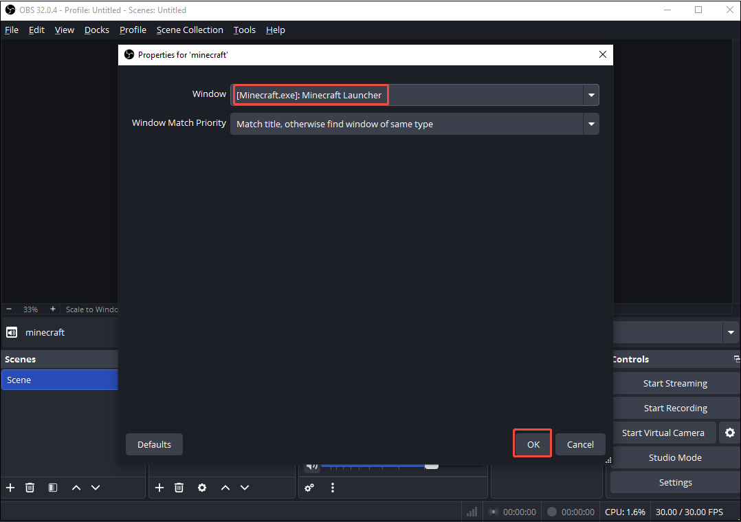 OBS interface with the game window and OK option selected.