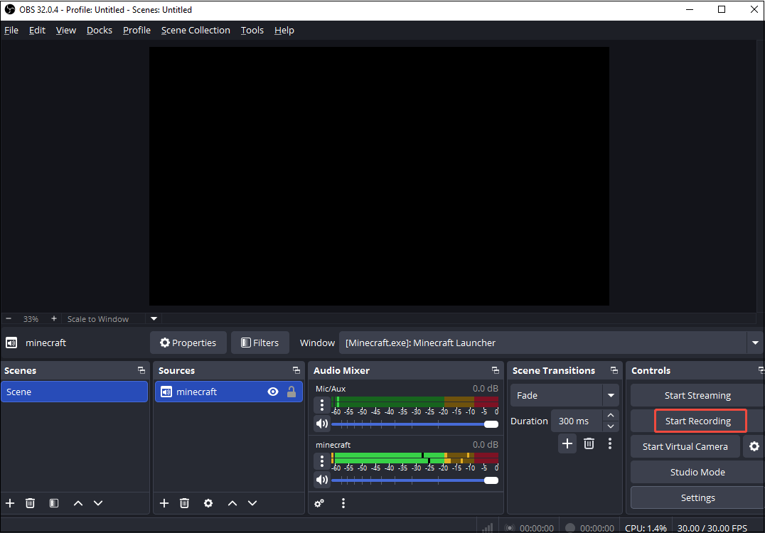 OBS interface with the Start Recording option selected.