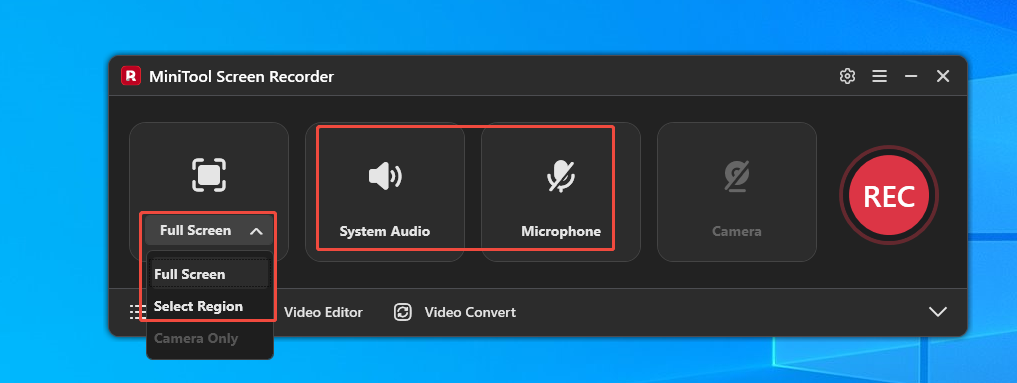 MiniTool Screen Recorder showing how to select the recording area and audio.