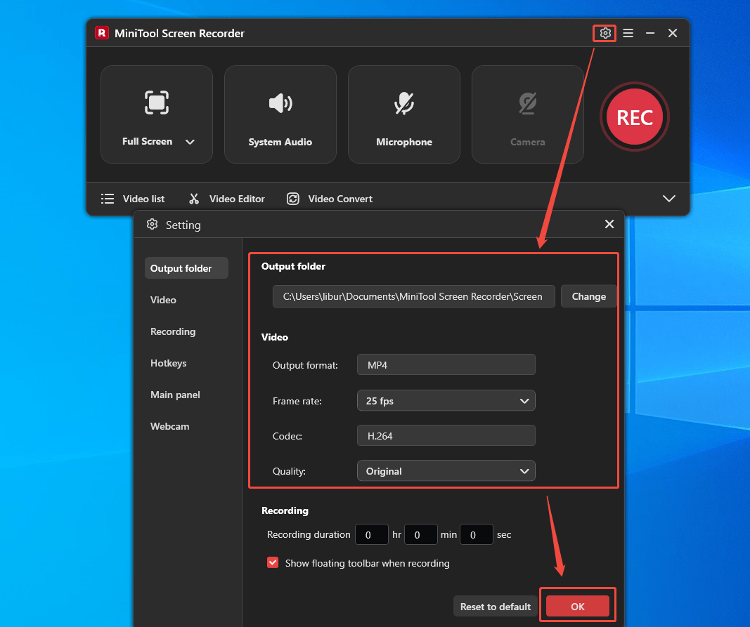 MiniTool Screen Recorder interface showing how to open and customize output settings.