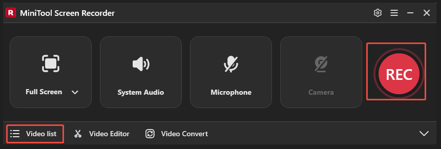 MiniTool Screen Recorder interface with the REC option and Video list option selected.