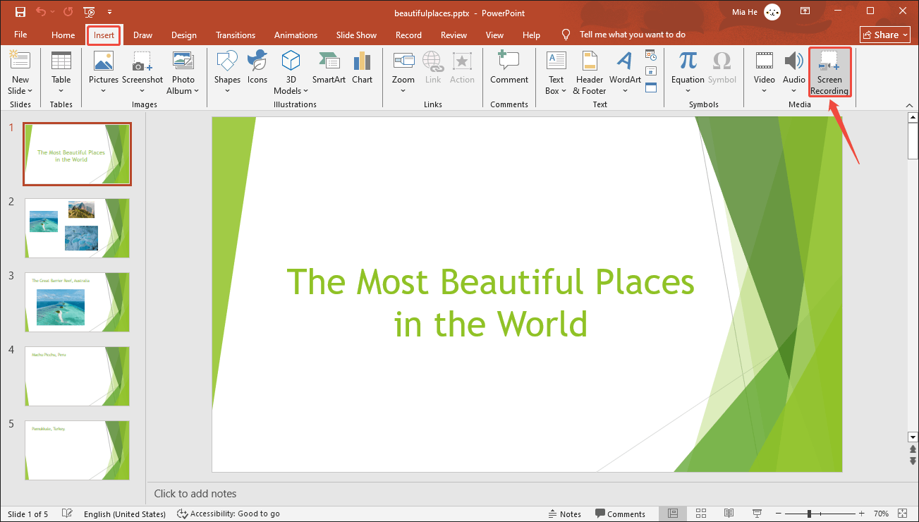 PowerPoint interface with the Screen Recording option selected under the Insert tab.