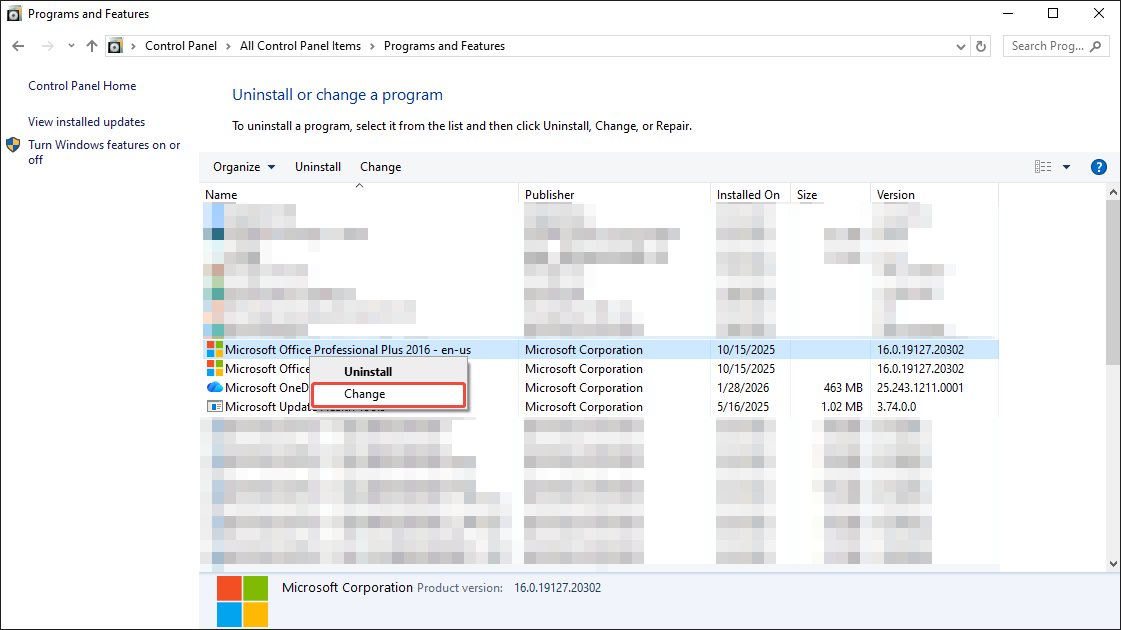 Windows Programs and Features window with the Change option selected for the Microsoft Office product.