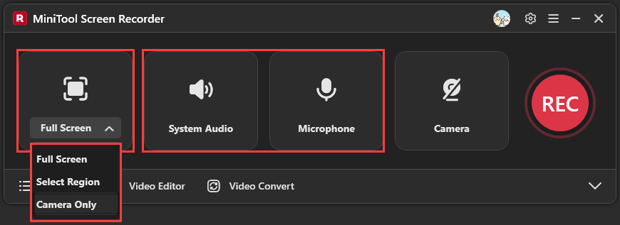 MiniTool Screen Recorder interface showing Full Screen dropdown menu and audio controls.