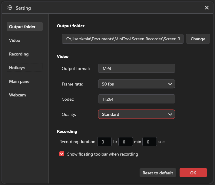 MiniTool Screen Recorder Setting window.