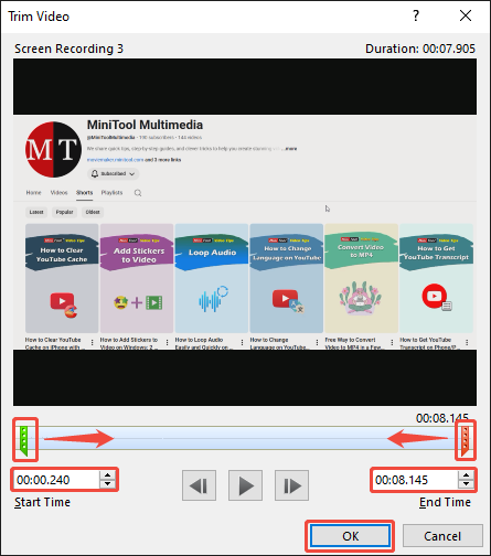 PowerPoint Trim Video window showing how to trim the recorded video.