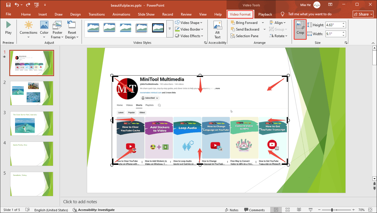 PowerPoint interface showing how to crop the recorded video.