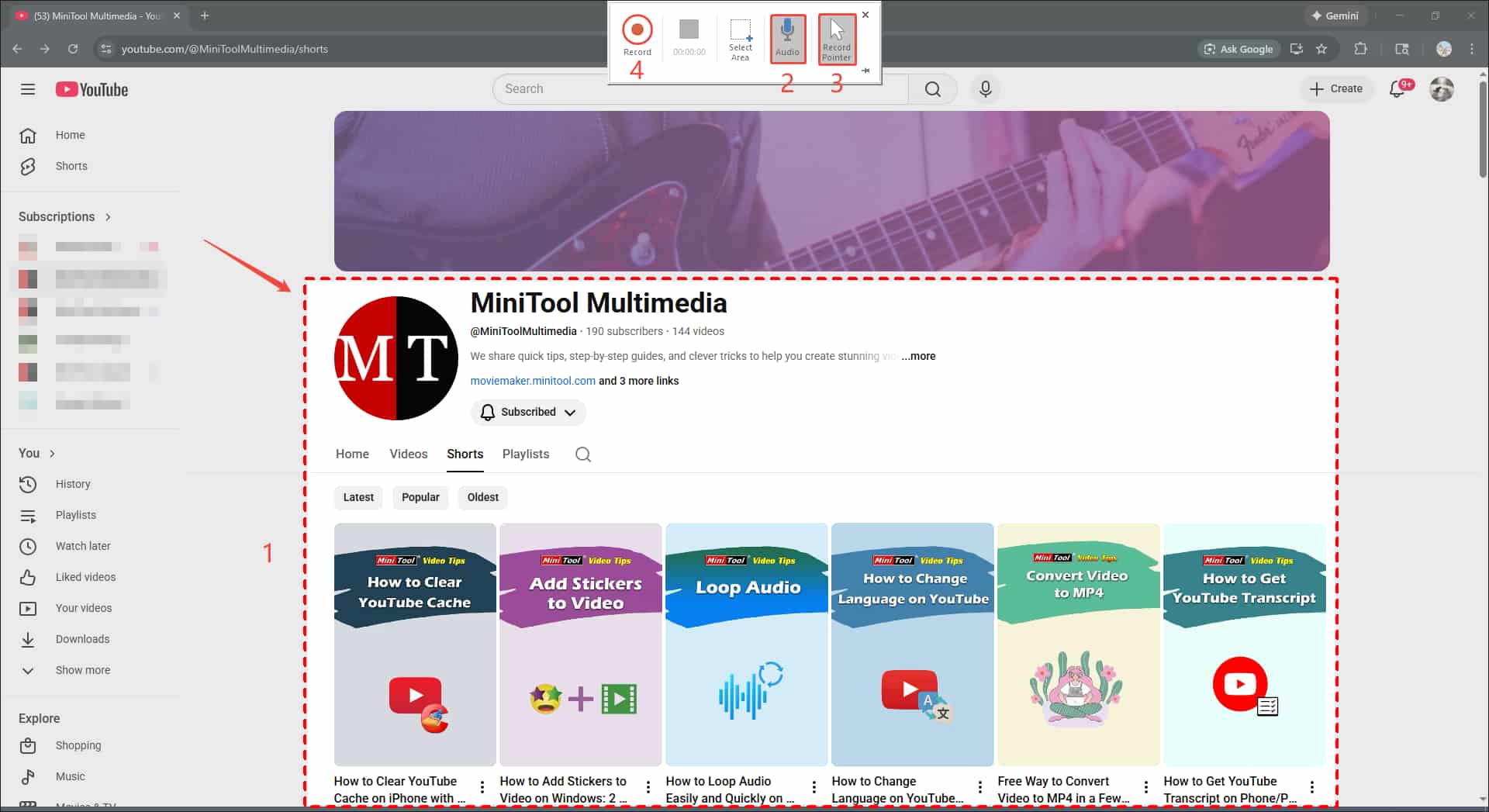 PowerPoint recording control bar at the top middle of the screen and a specific area on the screen has been selected.