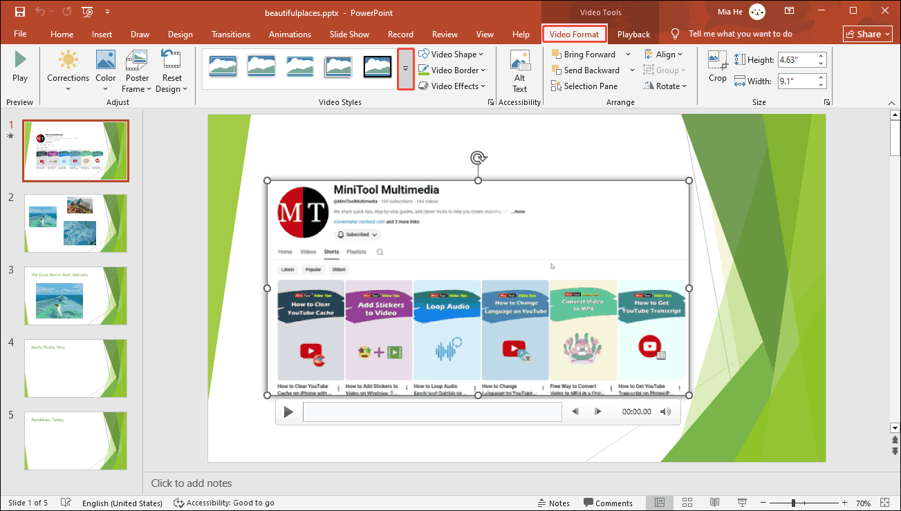 PowerPoint interface with the arrow in the Video Styles section selected under the Video Format tab.