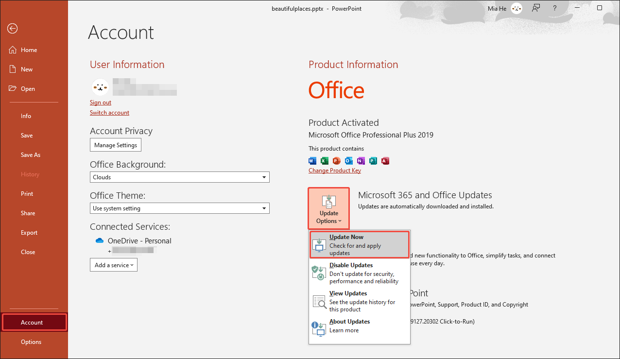 PowerPoint Account interface with the Update Now option selected.