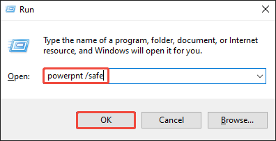 Windows Run dialog with powerpnt safe typed in the box and the OK button selected.