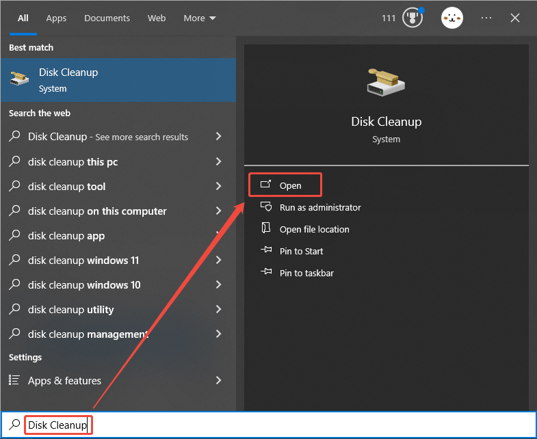 Windows search window with the Disk Cleanup typed in the search box and the Open option selected.
