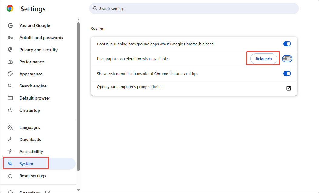 Chrome settings page showing how to disable hardware acceleration in the System tab.