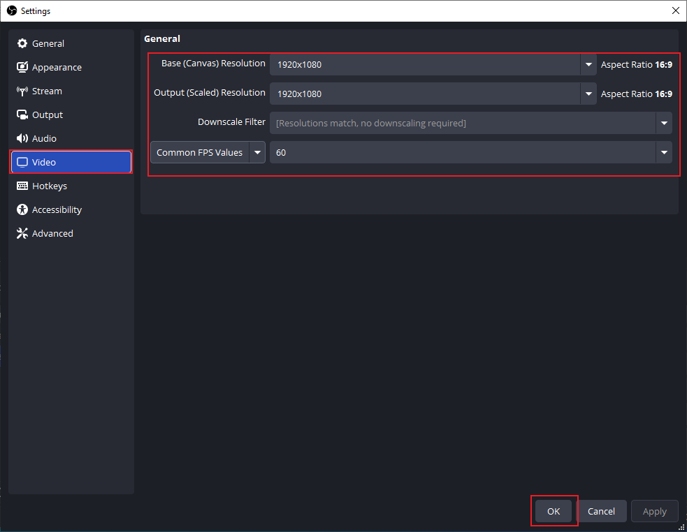 OBS Studio settings window with example settings for recording Amazon Prime Video.