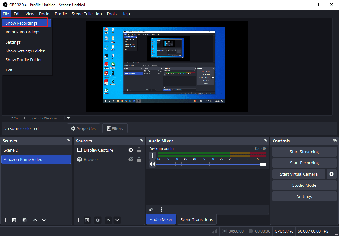 The selected Show Recordings option from the File tab in OBS.