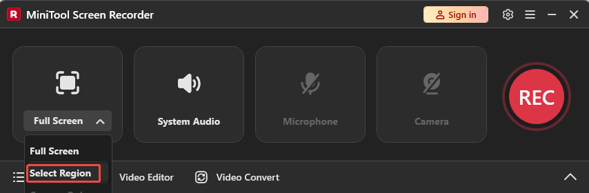 MiniTool Screen Recorder interface highlighting the Select Region option from the Full Screen option.